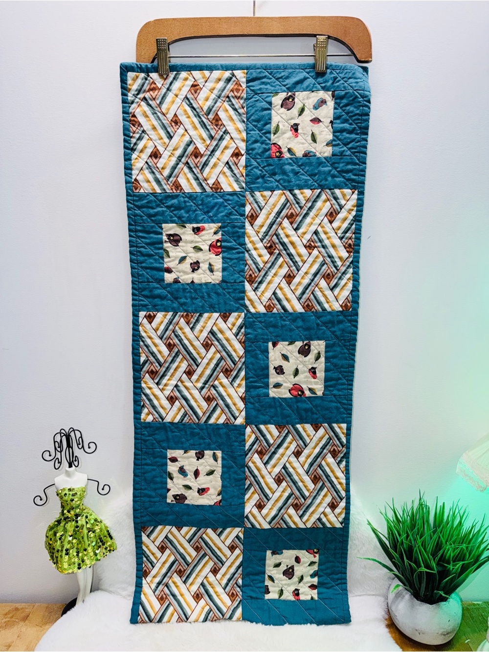 Handmade Teal Block Pattern Patchwork Quilted Table Extra Long Runner 🐦